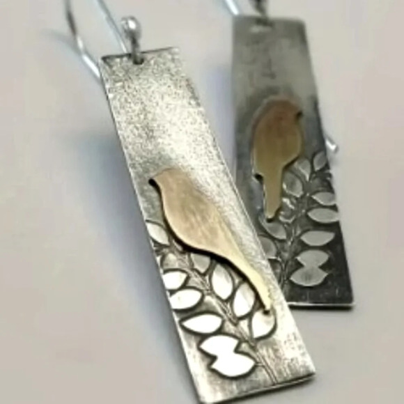 Vintage Bird Pattern Earrings - Delicate Rectangle Leaf Design - Silver Plated - Picture 1 of 4